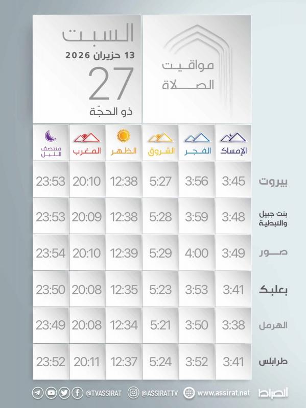 ⭕ المواقيت ليوم السبت ال 13 من حزيران 2026 الموافق ل 27 ذو الحجة 1447ه
